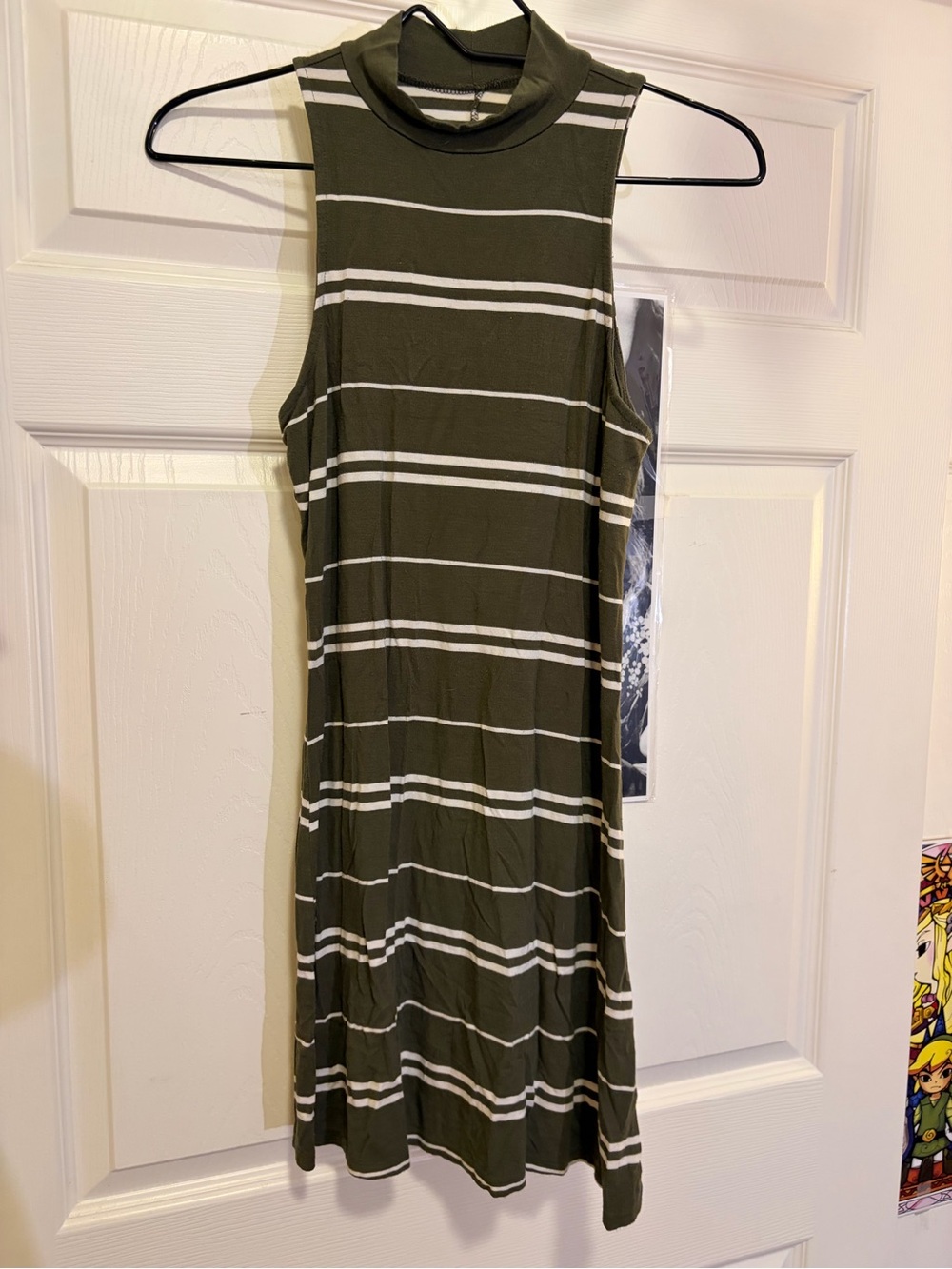 Mock Neck Olive Striped Midi Dress